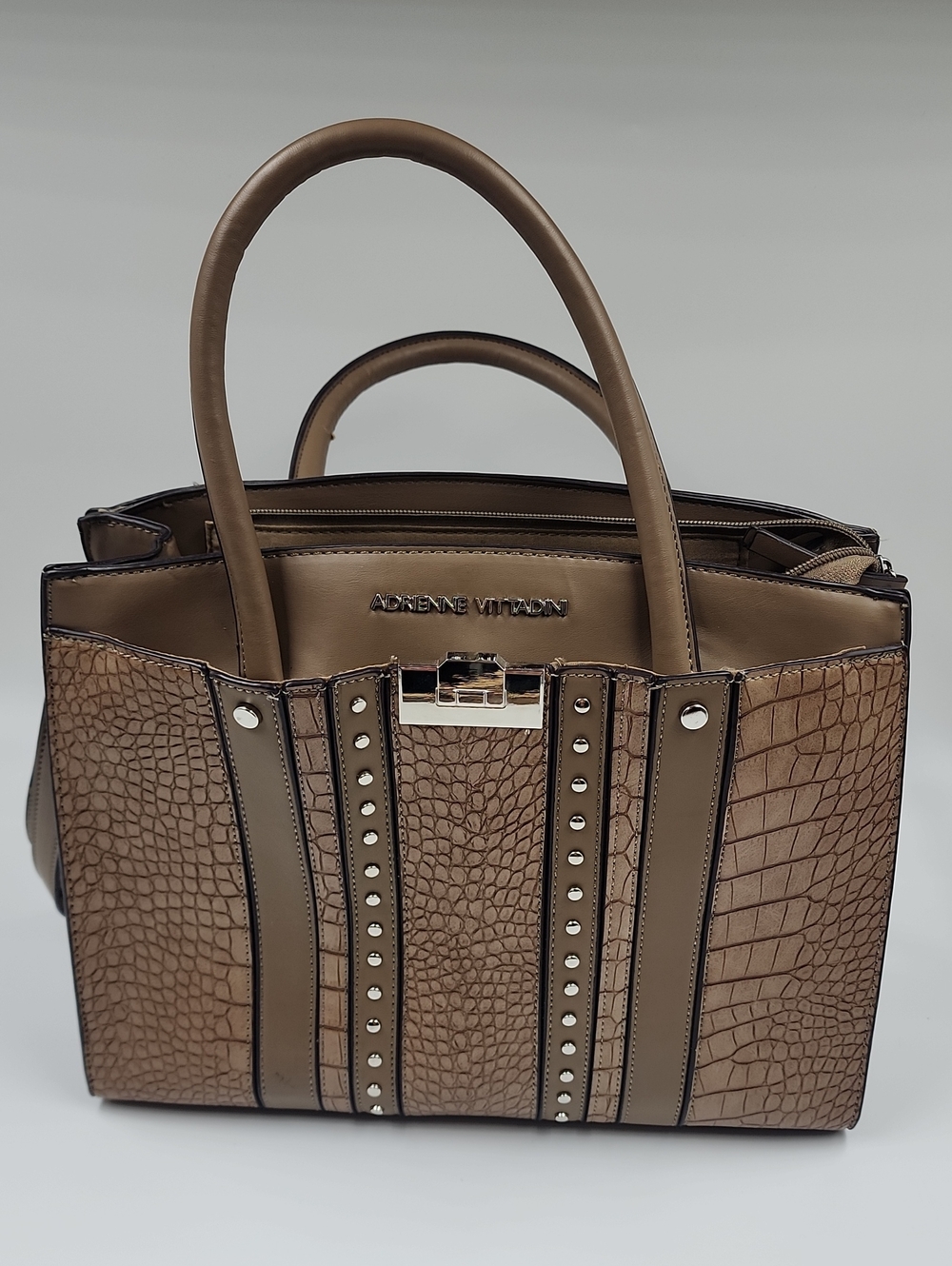 Adrienne Vittadini Taupe Croc-Embossed Satchel with Stud Accents
